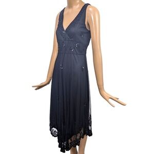 Vintage Sequin Stenay Black Beaded V Neck Sleeveless Midi Dress Women Size 6 Y2K